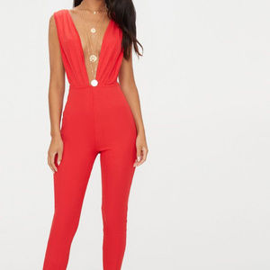 BRAND NEW- Red Bandage Plunge Jumpsuit